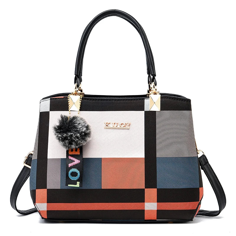 Plaid Pattern Handbag, Pompom Decor Crossbody Bag, Women's Top Handle Purses For Work