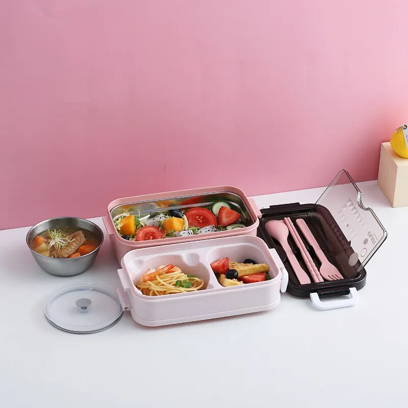 Lunch Box Food Storage Box 3 Layers Grids Student Office Worker Microwave Bento Box Outdoor Picnic Container with Fork Spoon