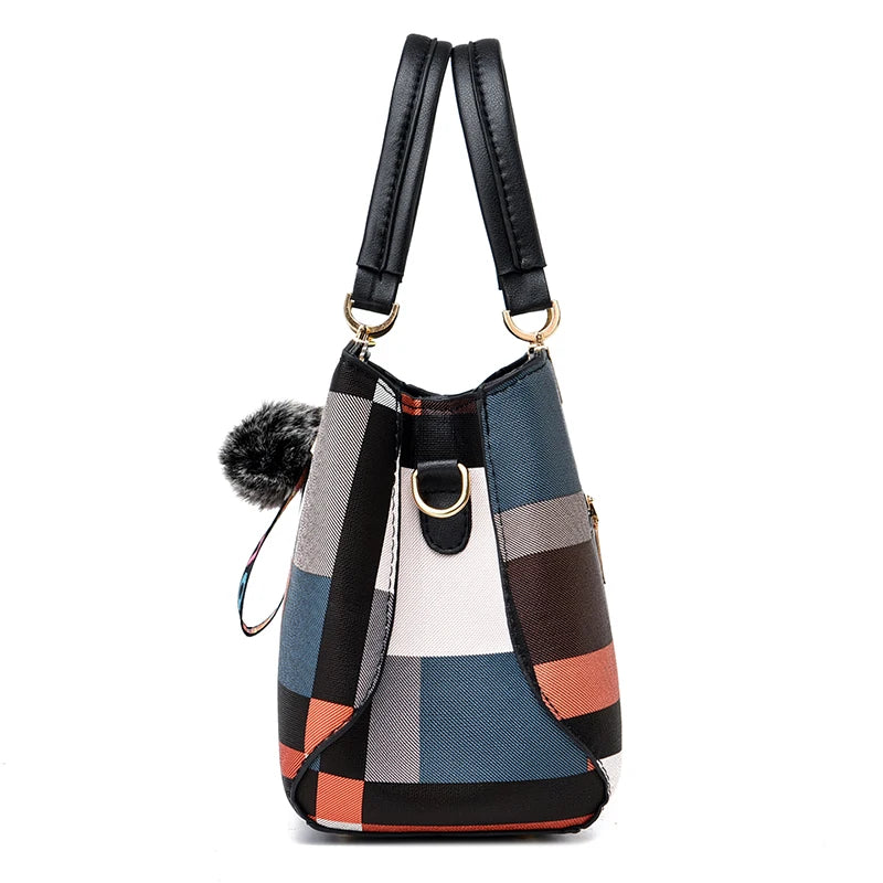 Plaid Pattern Handbag, Pompom Decor Crossbody Bag, Women's Top Handle Purses For Work