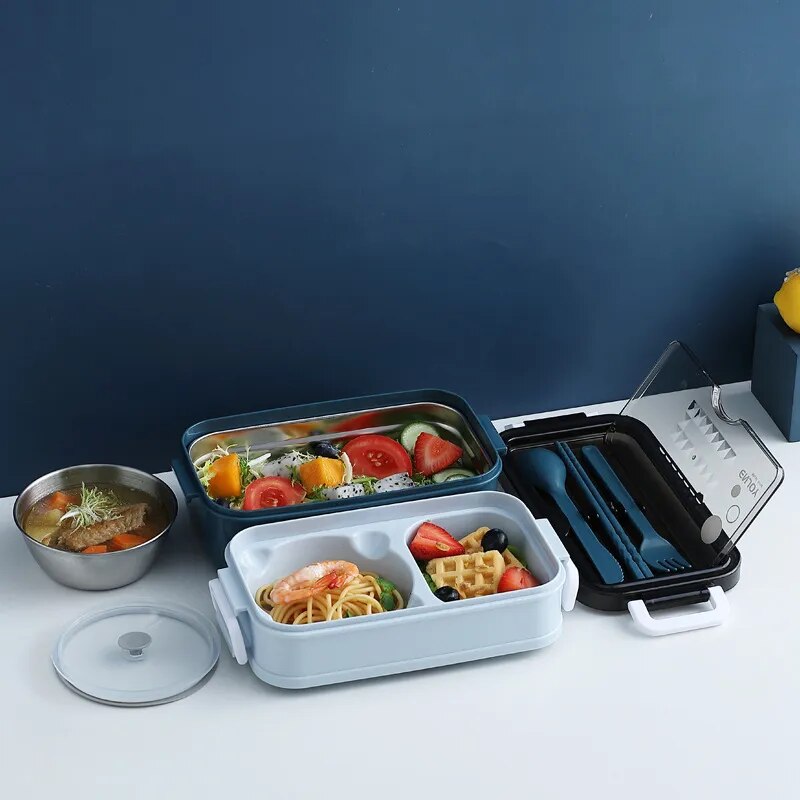 Lunch Box Food Storage Box 3 Layers Grids Student Office Worker Microwave Bento Box Outdoor Picnic Container with Fork Spoon