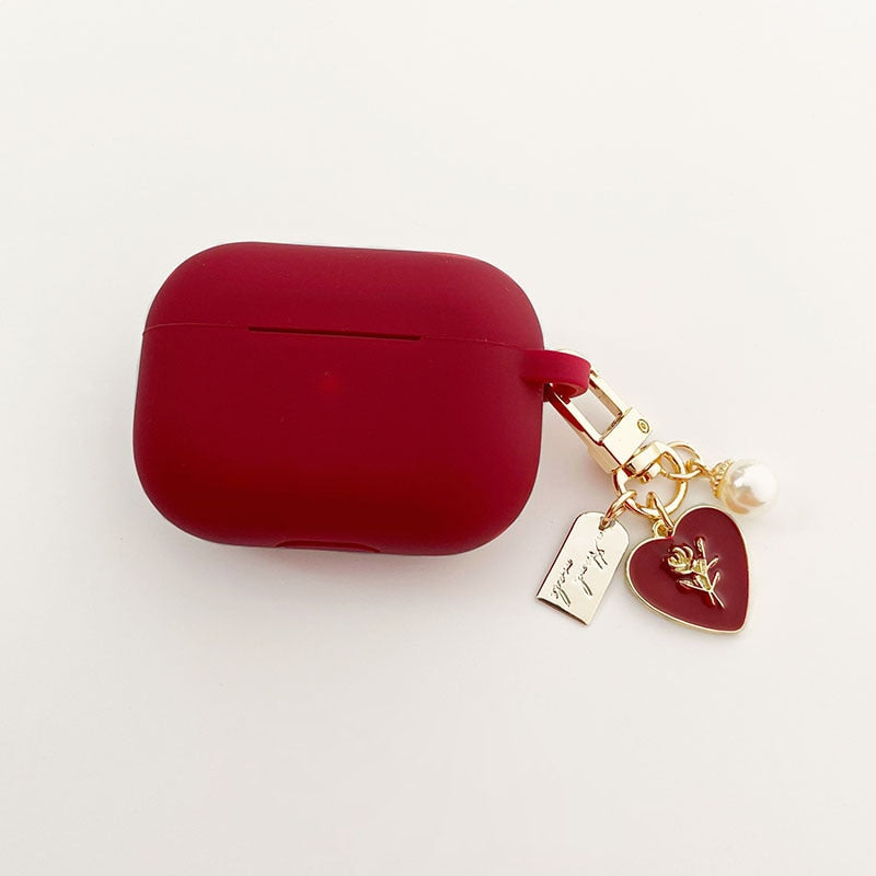 Vintage Roses Pearl Keychain Wine Red Silicone Earphone Case For Airpods