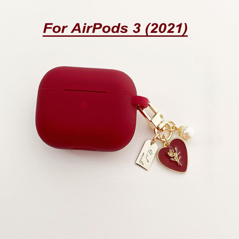 Vintage Roses Pearl Keychain Wine Red Silicone Earphone Case For Airpods