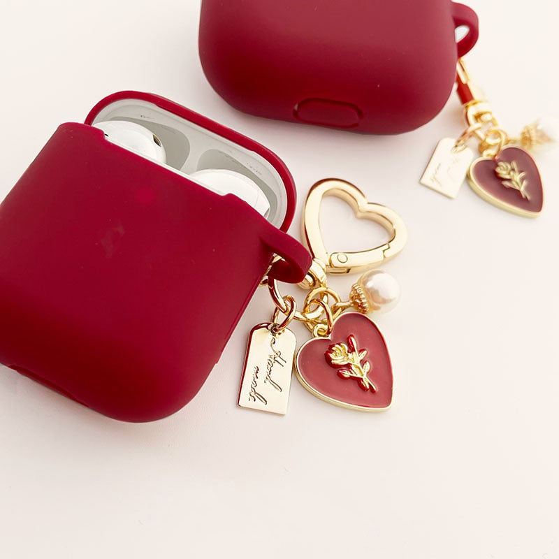 Vintage Roses Pearl Keychain Wine Red Silicone Earphone Case For Airpods