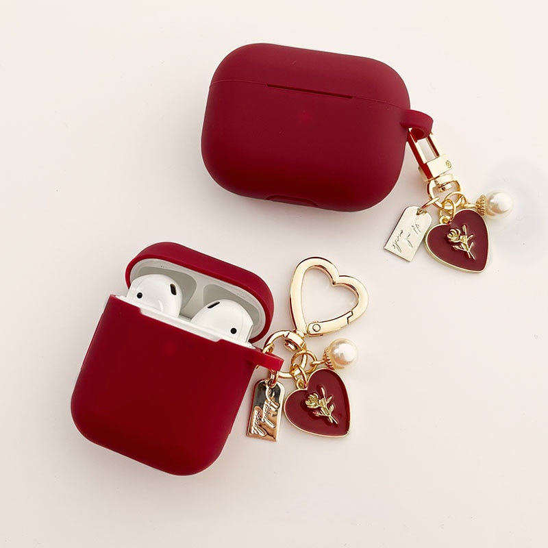 Vintage Roses Pearl Keychain Wine Red Silicone Earphone Case For Airpods