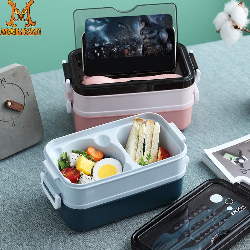 Lunch Box Food Storage Box 3 Layers Grids Student Office Worker Microwave Bento Box Outdoor Picnic Container with Fork Spoon