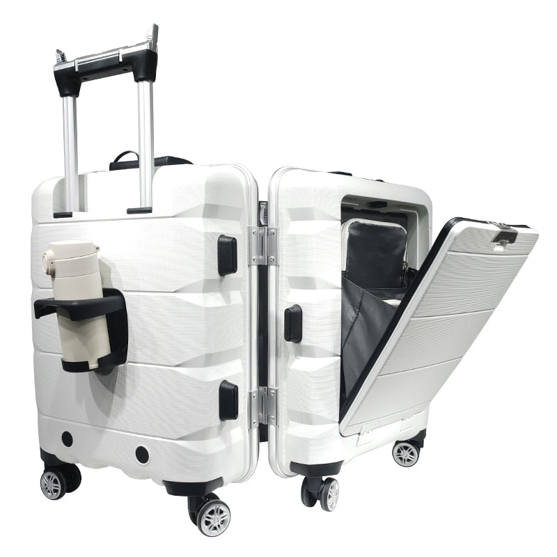 Carry On Spinner Luggage Set with Front Opening Laptop & Mobile Cup Holder.